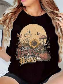 Camiseta Casual Con Estampado De Acción De Gracias Para Mujer - Parte Superior Estampada De Moda, Ropa Transpirable, Excelente Opción De Regalo 220g Round Neck Printed Short Sleeve Casual Everyday T-Shirt, They Are Excellent Gifts For Friends And Family,100% Cotton T-Shirts Feature, A Youthful And Fashionable Design Blusas Para Mujer Camisa - Negro - Ver 1