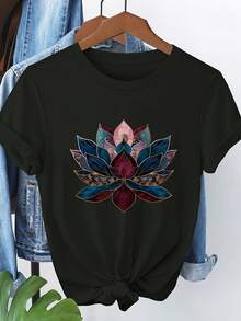 Camiseta de Mujer con Estampado Floral Extra Grande - Diseño Vibrante, Manga Corta, Cuello Redondo, Estilo Casual con Detalle de Cintura Ajustable, Ligera y Transpirable para Primavera, Verano y Otoño, Tops de Mujer - Negro - Ver 7