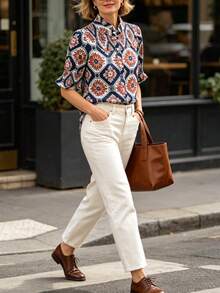 Camisa de estilo vacacional de primavera/verano para mujer, con bajo con volantes, cierre de botones, estampado floral retro (manga corta, manga campana) - Multicolor - Ver 9