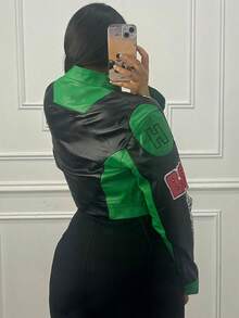 Chaqueta tipo béisbol estilo retro americano con estampado manga larga diseño sexy corte ombliguero - Verde - Ver 2