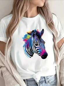 Nuevas llegadas para el verano. Camiseta de manga corta de poliéster con estampado de cebra colorido, ligera y duradera, perfecta para uso casual en casa, oficina o salidas, ajuste cómodo para uso diario. Blusa, camisa > Hermosa. - Blanco - Ver 8