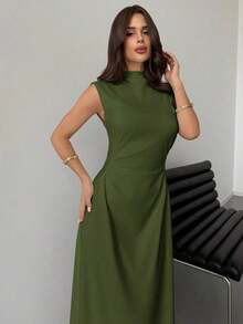 Vestido maxi de línea A con cuello alto, sin mangas, con volantes, elegante y romántico, color blanco, adecuado para citas, uso diario y el trabajo - Verde militar - Ver 4