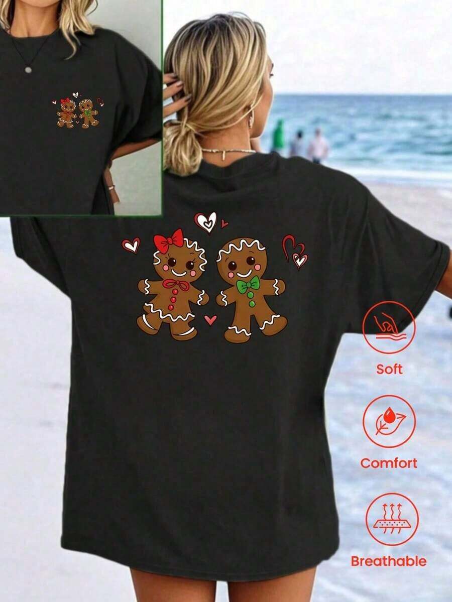 Camiseta de cuello redondo y mangas cortas de ropa fashion, fabricada en México, para la temporada primavera-verano 2025. Con estampado de dibujos animados, es un modelo de pareja, apta para usar tanto por dentro como por fuera, ideal para oficina y estilo casual, diseñada para hombres y mujeres, en unidad individual. - Negro - Ver 1