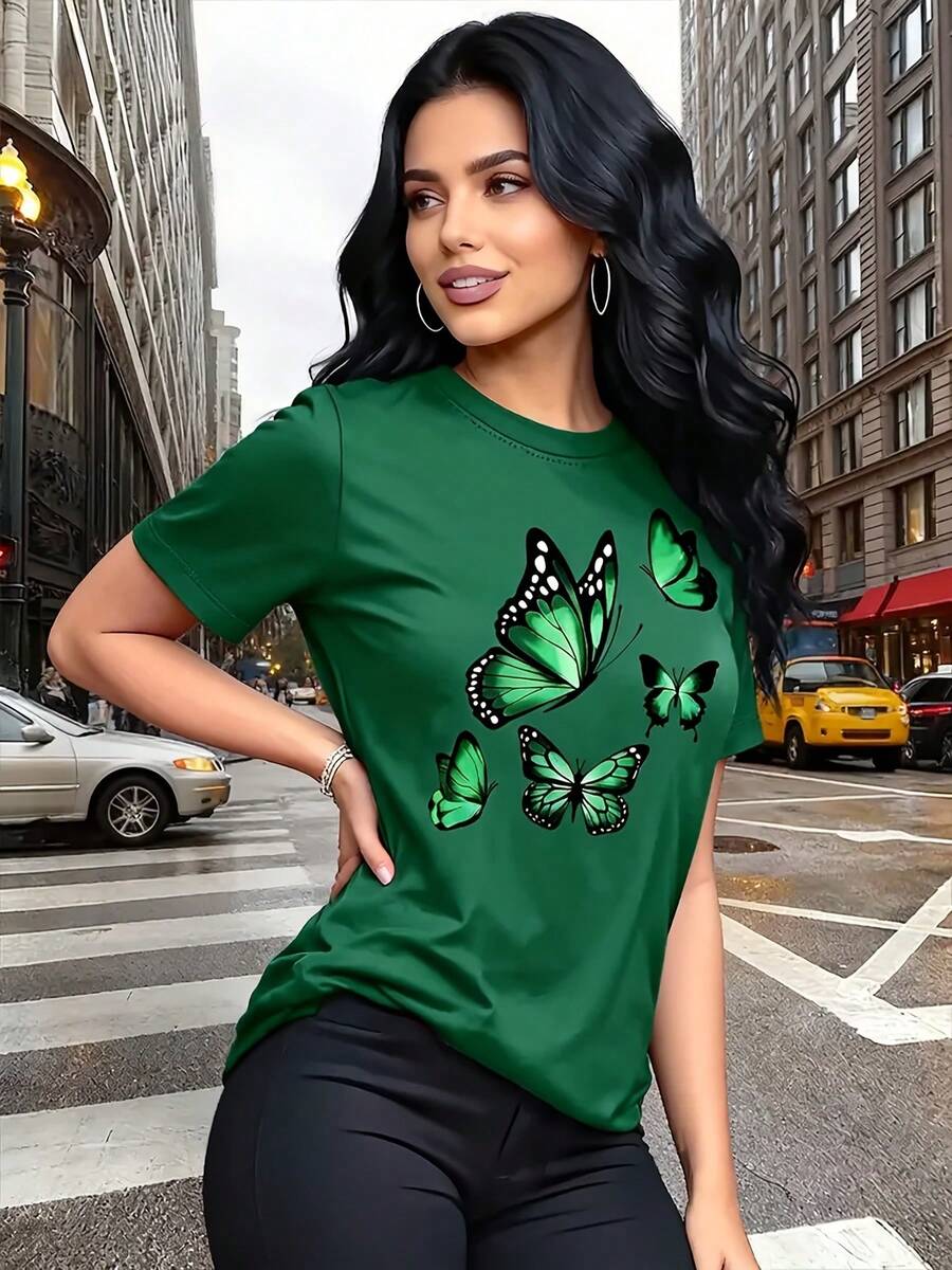 [Quanquan] Fashionable Butterfly Print T-Shirt - Short Sleeve, Crew Neck, Comfortable, Breathable And Soft, Perfect For Spring And Summer - Unisex Vintage Urban Style Loose Fit Cotton Short Sleeve Crew Neck T-Shirt - 綠色 - 查看 1