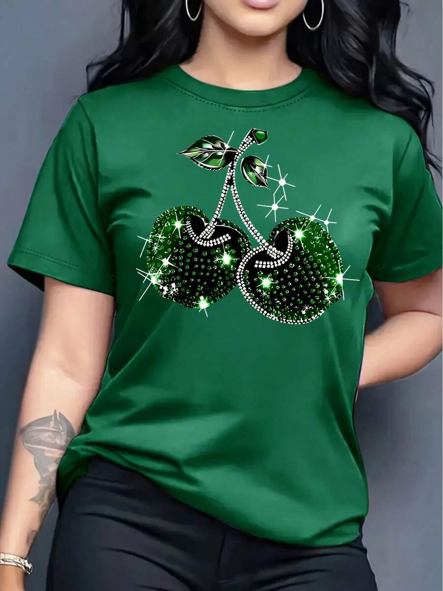 Women's Short-Sleeved T-Shirt With Round Neck, Cherry Print, Casual Spring-Summer Style - Unisex Loose-Fitting Cotton Short-Sleeved T-Shirt With Round Neck, Urban Vintage Style. - 綠色 - 查看 1