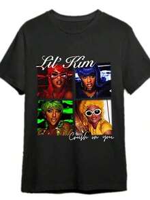 Men'S Lil Kim "Crush On You" Graphic T-Shirt - 4-Panel Vibrant Pop Art Print, Oversized Relaxed Fit Short Sleeve Tee, Machine Washable All-Season Casual Shirt For Parties, Beach & Casual Attire - Iconic Album Design For Men & Teens - 黑色 - 查看 6