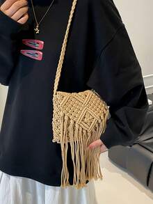 女士小号斜挎包，新款编织单肩包，小众海滩风，百搭方形信封包，时尚百搭，适合度假和海滩出行 - 卡其色 - 查看 3
