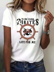 LooseLadies Women's Summer Collection. Women's T-Shirt, Summer Crew Neck T-Shirt With "Yo Ho Yo Ho Pirate's Life For Me" Print And A Nautical Helm And Skull Design. Made Of Soft Fabric, This Casual, Adventurous Top Is Ideal For Pirate Enthusiasts, Theme Parties, And Everyday Wear. A Versatile, Lightweight, Short-Sleeved Cotton T-Shirt. A Basic Cotton Crew Neck T-Shirt For Women. - 白色 - 查看 10