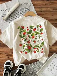 Camiseta de edición limitada con estampado gráfico, manga corta, cuello redondo, top casual para verano y primavera, ropa de mujer, algodón ligero. - Albaricoque - Ver 4