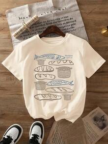 Women's Vintage Short-Sleeved Summer T-Shirt With A Bible Verse Depicting Five Loaves And Two Fish, Inspired By Matthew 14:16-21, Representing The Miracle And Essence Of Faith. Suitable For Holidays And Vacations, Unisex Style - 杏色 - 查看 8