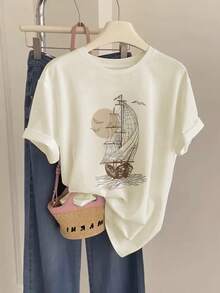 Edición Limitada: Camiseta Casual de Manga Corta y Cuello Redondo para Mujer - Estampado de Velero Náutico y Aves, Camiseta Transpirable de Verano, Lavable aáquina, Blanca, para Conjuntos de Primavera/Verano, Camisetas para Cruceros, Camiseta de Corte Relajado, Tela Cómoda, Algodón Ligero - Albaricoque - Ver 12