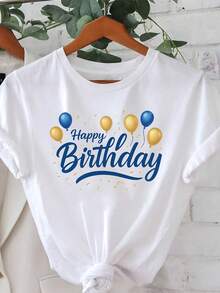1 pieza de camiseta de manga corta para mujer con estampado de "Feliz Cumpleaños", cuello redondo, primavera/verano, 180g, 100% algodón. - Blanco - Ver 7