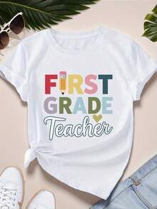Camiseta cómoda de corte regular diseñada por una maestra de primer grado para mujer, atuendo casual diario de verano. - Blanco - Ver 12