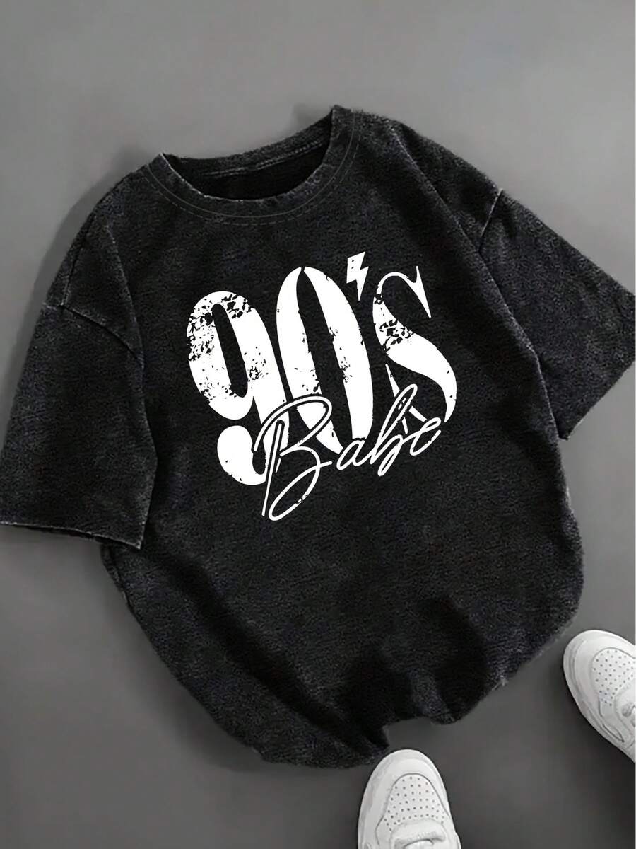 1 camiseta de mujer 100% vintage de los 90 - estampado nostálgico de los 90, con patrones de logotipos de los 90, camiseta casual de manga corta en negro suave, adecuada para fiestas temáticas de los 90 y uso diario con eslóganes de los 90, 180g 100% algodón. - Negro - Ver 1