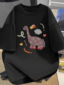Cute Dinosaur Print Cotton Tee - Soft & Lightweight, Breathable Summer T-Shirt With Round Neckline, Machine Washable - White - Black - View 1