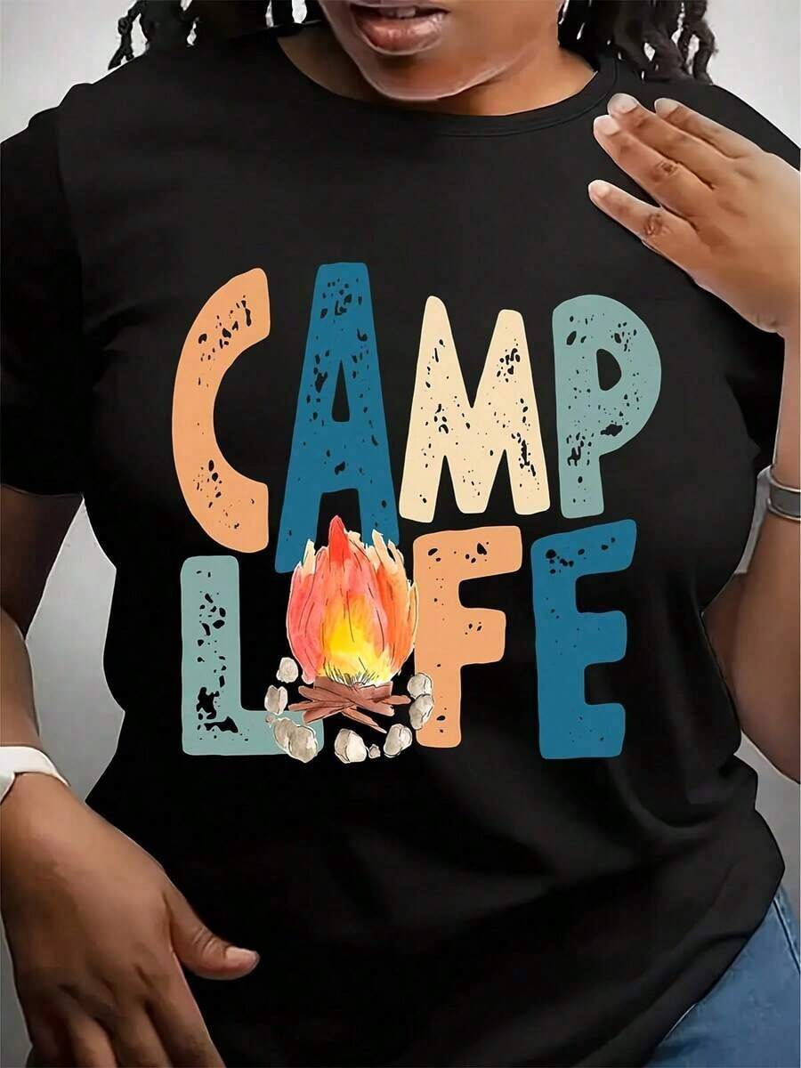 Camping T-Shirt, Happy Camper T-Shirt, Campfire T-Shirt, Camper T-Shirt, Nature Lover T-Shirt, Gifts For Hikers, Glamping T-Shirt, Gifts For RV Campers - 黑色 - 查看 1