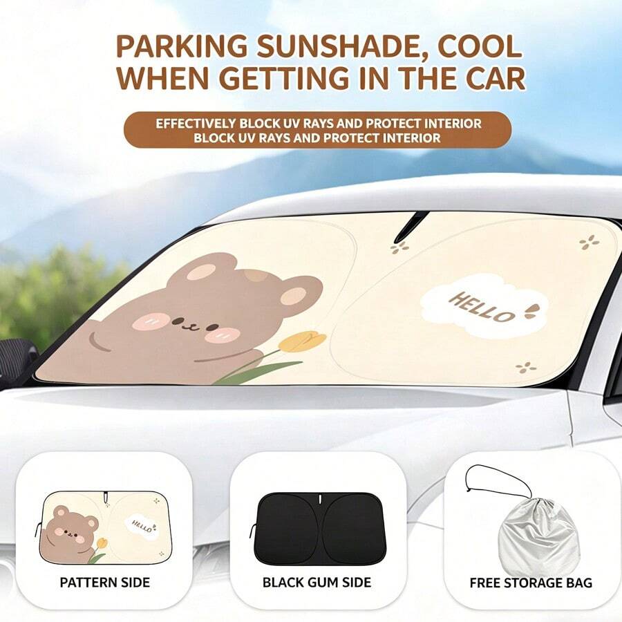 1pc (Multiple Patterns Available) Cartoon Tulip, Bear, Rabbit Car Sun Shade, Icy Feeling, Heat Insulation, Sun Protection, 4-Season Sunshade, Foldable Double-Ring Sunshade, Comes With Storage Bag, Front Windshield Sunshade