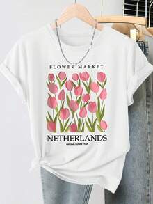 Primavera/Verano 2026: Nueva Camiseta de Manga Corta con Cuello Redondo para Mujer, con Estampado de Tulipanes Holandeses, Estilo Vintage Desgastado, Top Casual, Tejido de Punto Suave, Ropa de Alta Calidad para Mujer. | Diseño Divertido y Original | Adecuado para uso diario en primavera, verano y otoño. | Top divertido y rejuvenecedor - Blanco - Ver 1