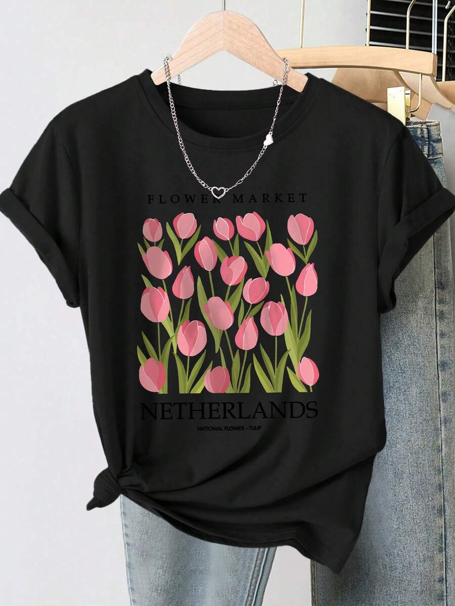 Spring/Summer 2026: New Women's Short Sleeve Crew Neck T-Shirt With Dutch Tulip Print, Vintage Distressed Style, Casual Top, Soft Knit Fabric, High-Quality Women's Clothing. | Fun And Original Design | Suitable For Everyday Wear In Spring, Summer, And Autumn. | Fun And Rejuvenating Top - 黑色 - 查看 1