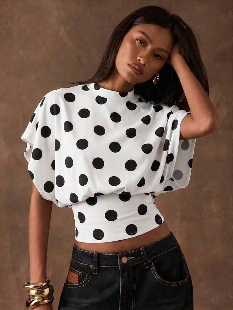 Camiseta de manga de murciélago con cuello redondo a rayas azul marino y blanco, de estilo minimalista retro y elegante, versátil para uso casual, adecuada para fiestas, playa, vacaciones y uso de verano - Blanco - Ver 1