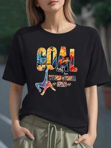 Figura colorida que celebra la pasión del fútbol mundial con la palabra GOAL y un jugador ejecutando una chilena en el torneo 2026 camiseta para mujer 100% algodón - Negro - Ver 6