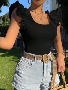 Camiseta de manga corta ajustada con cuello cuadrado de unicolor para mujeres - Negro - Ver 6