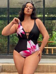 Traje de baño de una pieza con estampado floral, de talla grande, para vacaciones, de corte casual y ajustado, con control de abdomen, tirantes gruesos ajustables y escote en V profundo - Negro - Ver 4