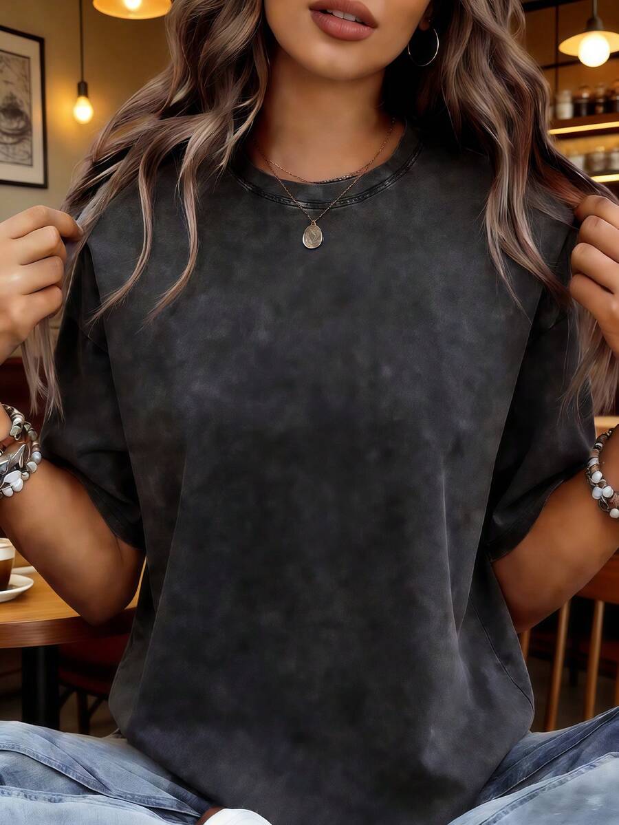 New Heavy Cotton T-Shirt, American Retro Vintage Washed Distressed Charcoal Solid Color Crew Neck Top, Large Size, Relaxed Fit Women's T-Shirt. - 黑色 - 查看 1