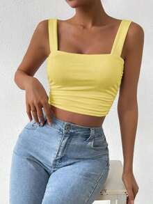 Top Cami Ajustado de Pliegues unicolor y Corto para el Verano - Amarillo - Ver 7