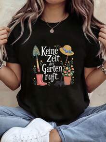 Talla Grande, Camiseta de Mujer Talla Grande con Estampado en Alemán "The Garden Is Calling" - Blusa Casual de Manga Corta con Cuello Redondo y Estampado de Letras Alemanas, Ropa Casual de Primavera y Verano Adecuada para Verano y Primavera, Lavable a Máquina. Frase en Alemán Adecuada para primavera, verano y otoño. - Negro - Ver 7