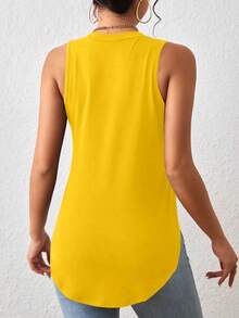 1 pieza Camiseta casual de mujer de cuello redondo y bajo con abertura lateral de un solo color - Amarillo - Ver 2