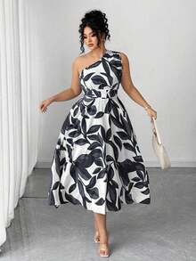 Vestido elegante de mujer de talla grande con estampado floral azul y blanco, elegante y chic para fiestas, graduaciones, vacaciones, festivales, citas, bodas y salidas - Negro - Ver 1