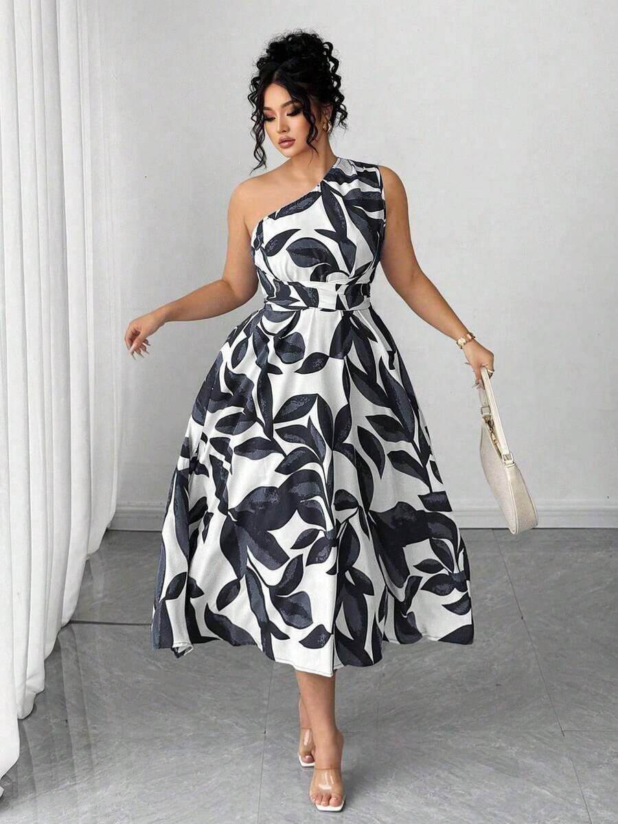 Vestido elegante de mujer de talla grande con estampado floral azul y blanco, elegante y chic para fiestas, graduaciones, vacaciones, festivales, citas, bodas y salidas - Negro - Ver 1