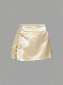 Minifalda de satén rosa con abertura y lazo, estilo A-line, sexy, adecuada para uso diario - Amarillo - Ver 1