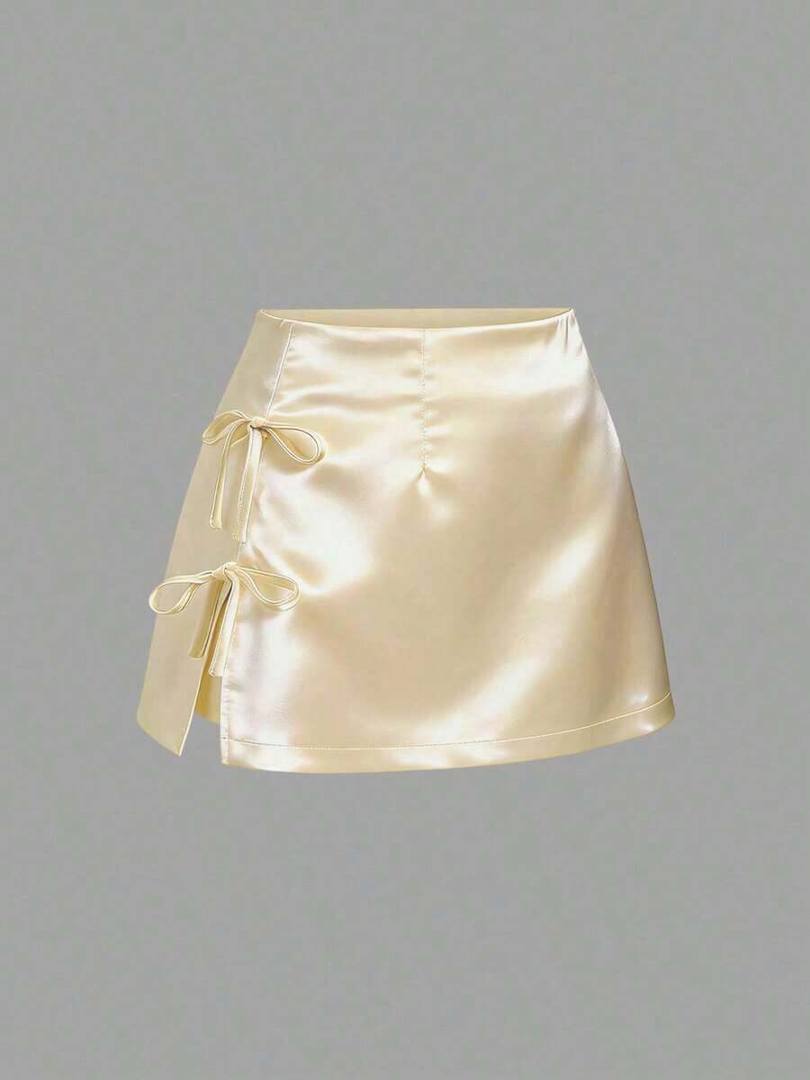 Minifalda de satén rosa con abertura y lazo, estilo A-line, sexy, adecuada para uso diario - Amarillo - Ver 1