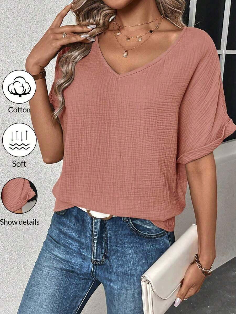 2026 Nueva Colección LUNE Blusa Casual Holgada de Verano para Mujer, con Cuello en V, Color Sólido y Manga Corta Tipo Murciélago - Rosa vieja - Ver 1