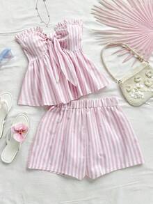 Set de 2 piezas para mujer con parte superior corta sin mangas con volantes y estampado de rayas y flores, y shorts casuales para verano, vacaciones en la playa y fiestas - Rosa - Ver 1