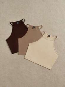 Set de 3 tops de camiseta sin mangas casuales y sencillos para mujer, adecuados para el verano - Multicolor 12 - Ver 3