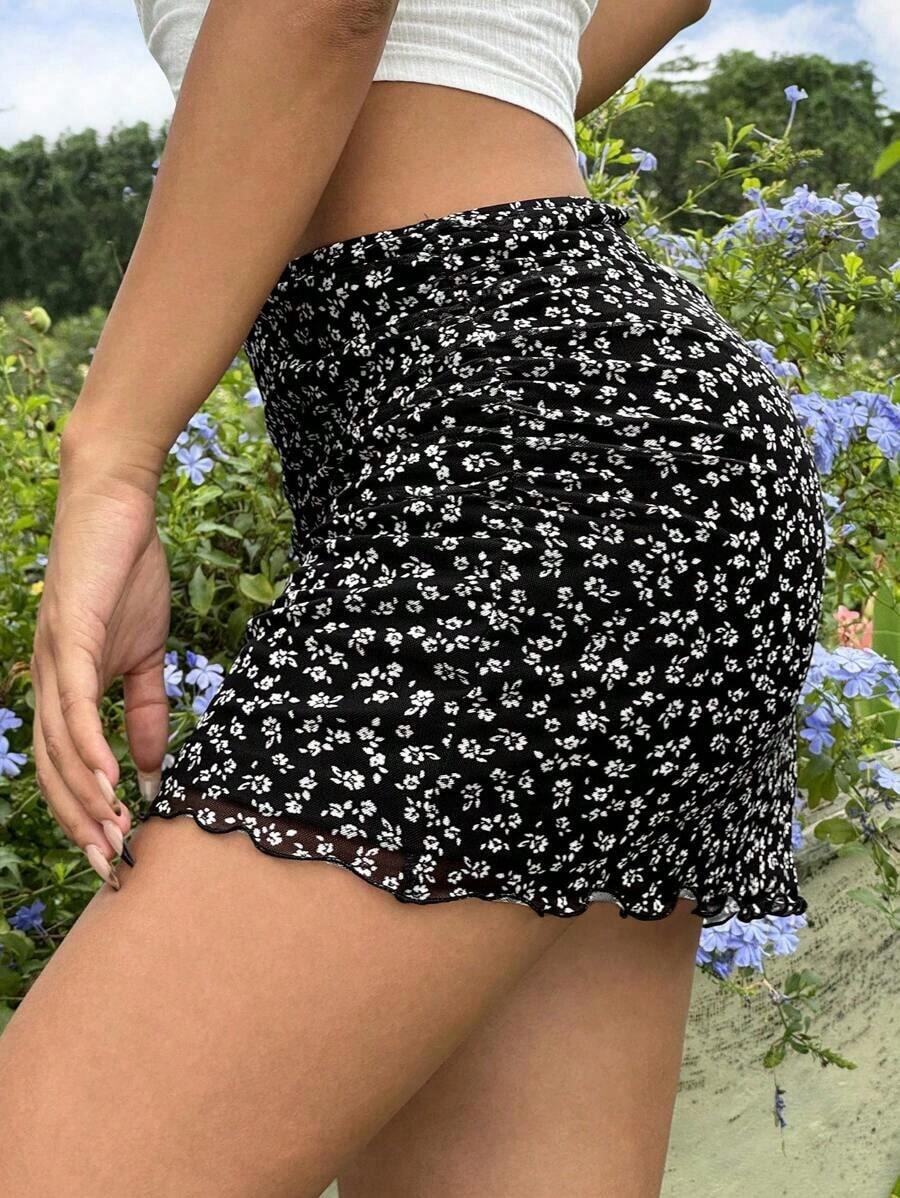 Falda de malla tejida con estampado floral en negro para mujer - Blanco y Negro - Ver 1