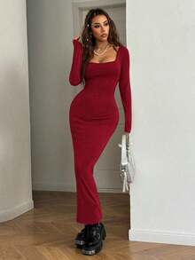 Vestido ajustado de manga larga con cuello cuadrado, de punto básico gris para mujer, para primavera/verano - Rosa Roja - Ver 5