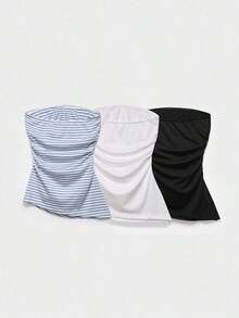 3 piezas/set de tops casuales sin mangas plisados para mujer - Multicolor - Ver 2