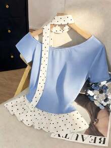 Camiseta elegante y romántica de uso diario y casual con hombros oblicuos, manga corta, lunares, encaje y volantes, ideal para primavera/verano - Multicolor - Ver 2