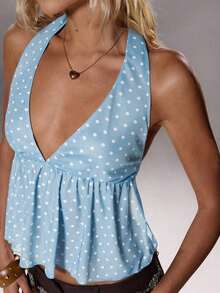 Elegante top de tirantes con escote en V y estampado de lunares para mujer, primavera/verano - Azul y blanco - Ver 5