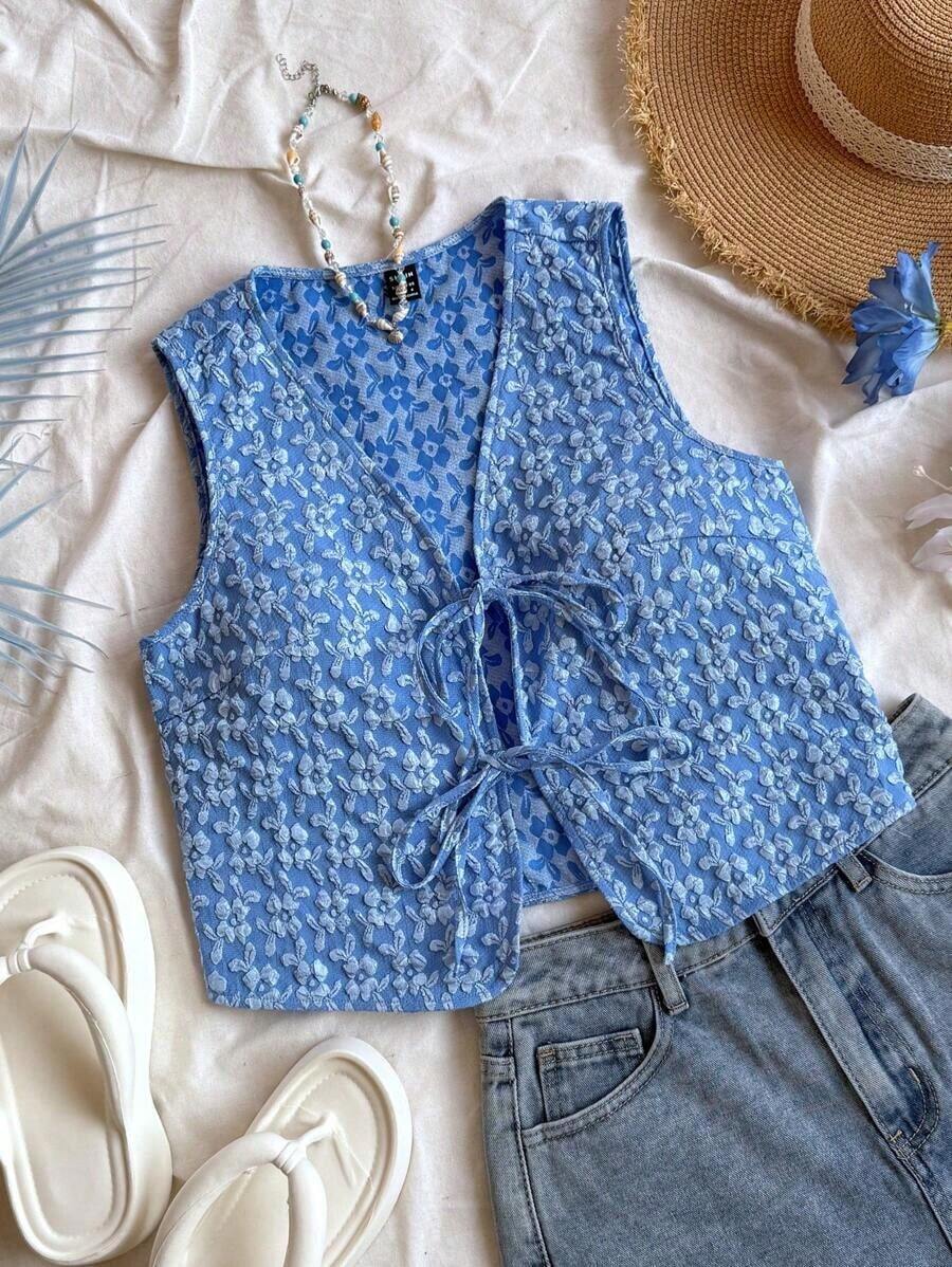 superior informal con escote en V y lazo delantero para mujer, de tela texturizada amarilla, para otoño/invierno - Azul - Ver 1