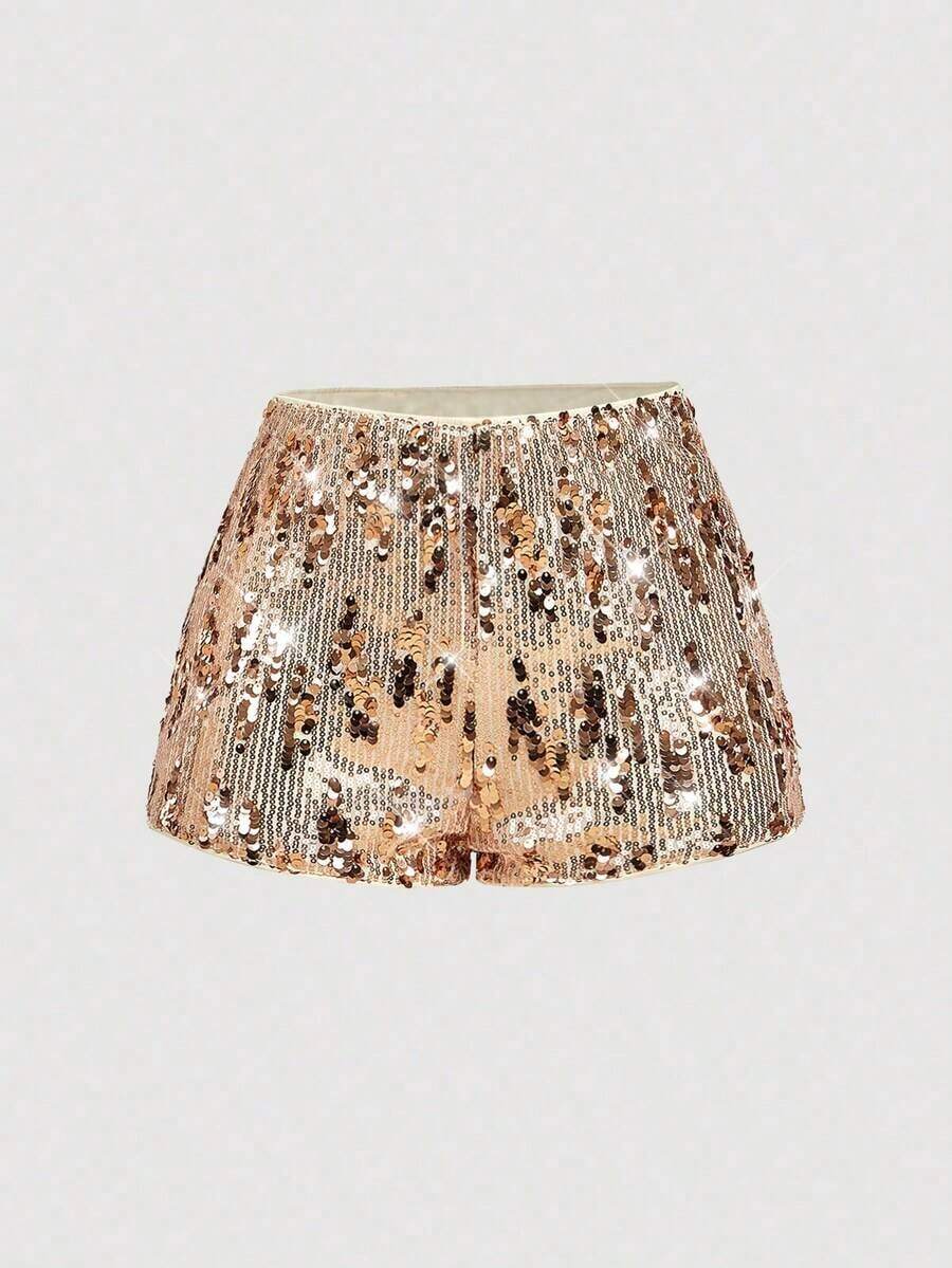 Pantalones cortos negros glamorosos de mujer con adornos de lentejuelas - Champán - Ver 1