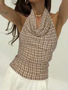 Blusa de mujer con escote profundo drapeado, sin espalda y con lazo trasero, de estilo elegante y sexy - Caqui - Ver 1