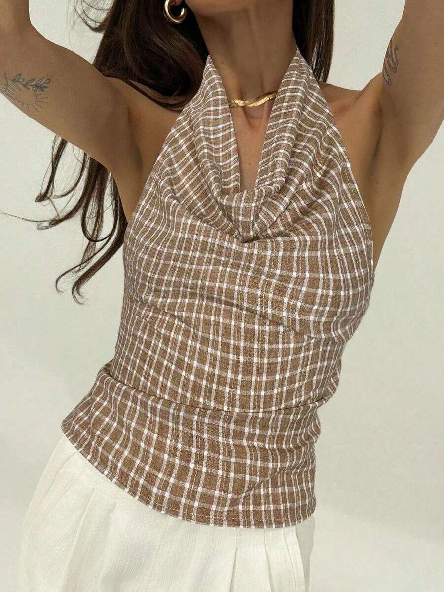 Blusa de mujer con escote profundo drapeado, sin espalda y con lazo trasero, de estilo elegante y sexy - Caqui - Ver 1