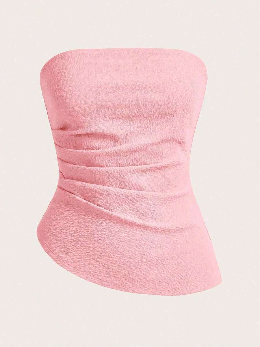 Top tubo sencillo y elegante con cintura fruncida, adecuado para verano, top tubo azul marino, tops tubo para mujer, top sin tirantes para mujer, top tubo azul marino - Rosa - Ver 1