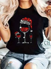 New 2026 Camiseta de Manga Corta para Mujer - Top Casual con Cuello Redondo y Estampado Geométrico, Tejido Elástico Medio Lavable a Máquina, Moda Verano, Camisetas Divertidas y Cómodas para Atuendo Casual Mujer casual estampado copas de vino navideñas suelta cuello redondo manga corta verano fiesta camiseta - Negro - Ver 1