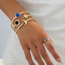 1 Set Glamorous Fashion Exaggerated Creative Metal Hollow Star Moon Rhinestone Inlaid Bracelet + Ring Jewelry Set, Versatile Daily Wear For Women - Yellow Gold - View 6